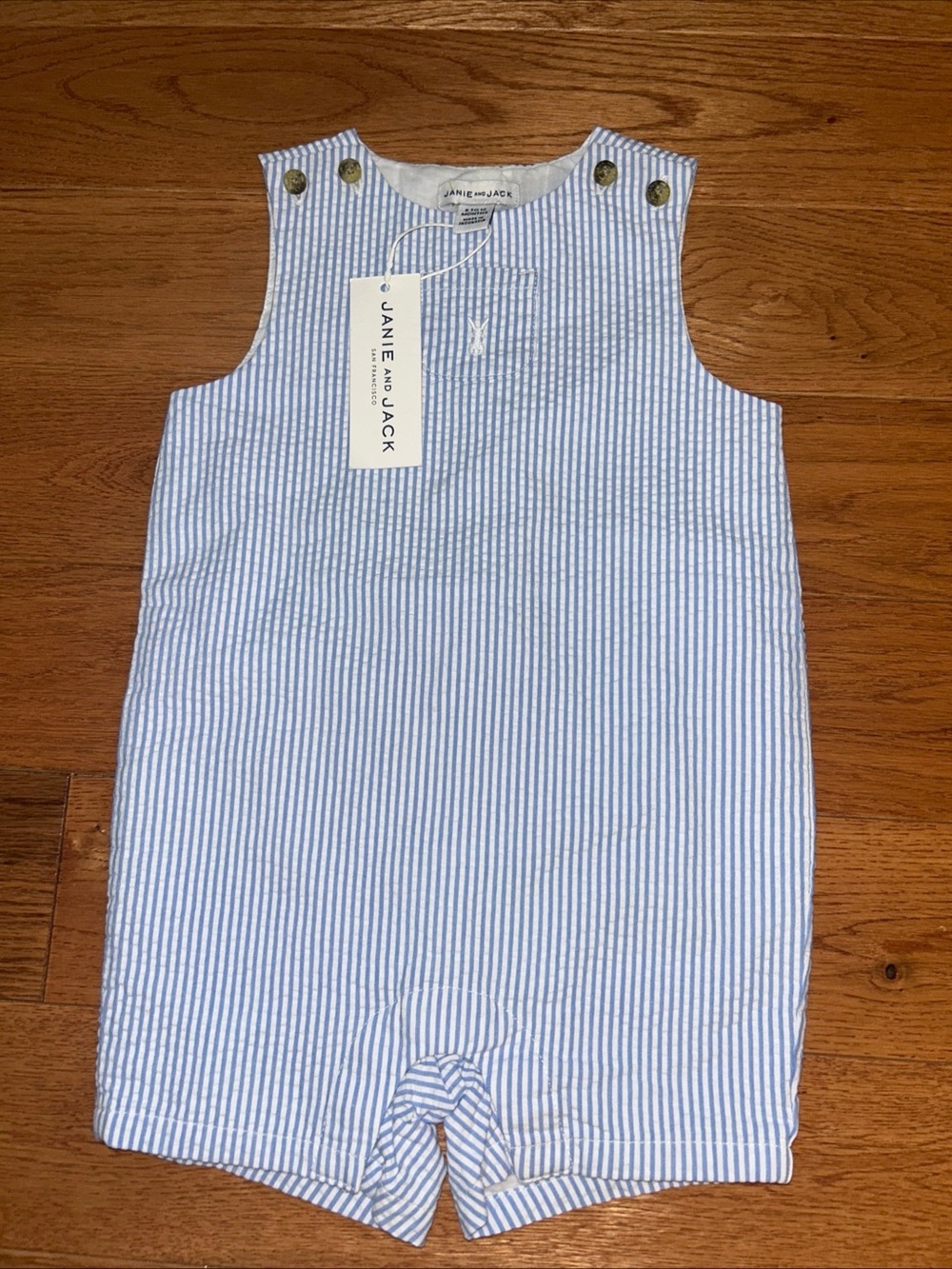 NWT Janie and Jack Baby Boy Blue Seersucker Romper 6-12M